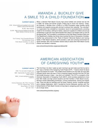 A Directory For Charitable Giving n nn 27
AMANDA J. BUCKLEY GIVE
A SMILE TO A CHILD FOUNDATION
When a talented Palm Beach County high school athlete and scholar lost her life
in 2008, her family and friends sought a fitting way to honor her memory. Today,
the Amanda J. Buckley Give a Smile to a Child Foundation helps families facing
hardship and supports young girls striving to achieve their potential. The volunteer-
run organization has compiled an impressive record of accomplishments, providing
meals for the homeless, clothing for babies, classroom supplies for children and annual
scholarships to girls who have demonstrated their desire to be leaders both on and off
the playing field. The Foundation’s contributions to the Palm Beach Gardens Police and
Fire Department’s Holiday Joy Drives have touched the lives of thousands of families.
Another key achievement is the “Field of Dreams” Memorial Stadium and training
facility in Palm Beach Gardens, which provides a safe and nurturing environment for
sports activities. Now, the Foundation stands ready to assist other Palm Beach County
children and families in distress.
CURRENT NEEDS
$150 - School clothing and supplies for five needy
children at Grove Park Elementary
$1,000 - New computer
$1,250 - Help for five-plus families through Palm
Beach Gardens Christmas Joy Drive
Tim Frohling, Vice President/Director
152 Euphrates Circle
Palm Beach Gardens, FL 33410
561-313-9788
AMERICAN ASSOCIATION
OF CAREGIVING YOUTH®
“The first thing I do when I wake up each morning is go and make sure that my dad is
OK,” says a member of the Caregiving Youth Project (CYP). “I need to check his blood
sugar and prepare his insulin.” This middle school student is an only child; her mom died
of breast cancer when she was 6. Prior to receiving support services from the CYP she
had trouble focusing in class – now she’s an A-student. The CYP is a program of the
American Association of Caregiving Youth (AACY), which provides assistance to more
than 560 middle and high school students and their families in Palm Beach County.
Services include skill-building workshops, in-home assessments, tutoring and respite
care. There are also fun activities such as Camp Treasure, picnics, computer services
and a Holiday Celebration. AACY, founded by Connie Siskowski, partners with The
School District of Palm Beach County to bring hope to caregiving youth who learn they
are no longer alone.
CURRENT NEEDS
$180 - For one month of respite care
$250 - Sponsorship of a child to attend
Camp Treasure
$300 - In-home tutoring for a student,
5 sessions
Connie Siskowski, RN, PhD, President
1515 N. Federal Hwy., #218
Boca Raton, FL 33432
561-391-7401
www.extraordinarycharities.org/aacy
www.extraordinarycharities.org/giveasmiletoachild
 