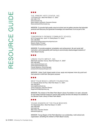 54 n nn A Directory For Charitable Giving
n n n
THE ARMORY ARTS CENTER, INC.
1770 Parker Ave., West Palm Beach, FL 33401
(561) 832-1776
www.armoryart.org
Nancy Albano Lambrecht, Executive Director
Nancy.lambrecht@armoryart.org
MISSION: To provide high-quality visual art school and art gallery services that stimulate
personal self-discovery and generate knowledge and awareness of art as part of life.
n n n
TOMORROW’S PROMISE COMMUNITY SCHOOL
601 N Congress Ave., Suite 110, Delray Beach, FL  33445
(561) 266-2206
www.tomorrowspromisecommunityschool,com
Marjorie Waldo, Principal
marjoriewaldo@dyvcs.com
MISSION: To provide academic remediation and achievement, life and social skill
instruction, and employability skill training to economically disadvantaged students of
Palm Beach County.
n n n
URBAN YOUTH IMPACT, INC.
2823 North Australian Avenue, West Palm Beach, FL  33407
(561) 832-9220
www.urbanyouthimpact.com
info@urbanyouthimpact.com
Pamela Newsome, Grants Manager
pnewsome@urbanyouthimpact.com
MISSION: Urban Youth Impact exists to love, equip and empower inner-city youth and
their parents to fulfill their God-given purpose. 
n n n
WEST PALM BEACH LIBRARY FOUNDATION
411 Clematis Street 3rd Floor, West Palm Beach, FL  33401
(561) 822-9972
www.wpblibraryfound.org
James Sugarman, Executive Director
SugarmanJ@MyCityLibrary.org
MISSION: The mission of the West Palm Beach Library Foundation is to seek, advocate
for and obtain financial support to ensure high-quality services will always be available at
the Mandel Public Library of West Palm Beach
n n n
YOUNG SINGERS OF THE PALM BEACHES
701 Okeechobee Blvd., West Palm Beach, FL 33401
(561) 659-2332
www.yspb.org
Beth Clark, Executive Director
bethclark@yspb.org
MISSION: Young Singers of the Palm Beaches is an outstanding  multi-cultural arts
organization, benefiting the children of Palm Beach County.
RESOURCEGUIDE
 