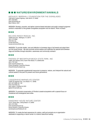A Directory For Charitable Giving n nn 59
n n n NATURE/ENVIRONMENT/ANIMALS
ARTHUR R. MARSHALL FOUNDATION FOR THE EVERGLADES
1028 North Federal Highway, Lake Worth, FL 33460
(561) 233-9004
www.artmarshall.org
Mark Pafford, CEO
MISSION: Develop, promote, and deliver science-based education and public outreach programs
central to restoration of the greater Everglades ecosystem and its historic “River of Grass”.
n n n
BIG DOG RANCH RESCUE, INC.
10948 Acme Rd., Wellington, FL 33414
(561) 747-9099
www.bdrr.org
Lauree Simmons
Lauree.simmons@bdrr.org
MISSION: To provide shelter, care and affection to homeless dogs of all breeds and adopt them
out into loving homes.  We also promote animal welfare and celebrate the special bond between
dogs and families through education, awareness and community outreach.
n n n
FRIENDS OF MACARTHUR BEACH STATE PARK, INC
10900 Jack Nicklaus Drive, North Palm Beach, FL 33408-3440
(561) 776-7449
www.macarthurbeach.org
Cheryl Houghtelin, Executive Director
Cheryl@macarthurbeach.org
MISSION: To generate supplemental resources to preserve, restore, and interpret the natural and
cultural assets of the park for present and future generations.
n n n
LOGGERHEAD MARINELIFE CENTER
14200 US Highway One, Juno Beach, FL 33408
(561) 627-8280 ext. 100
www.marinelife.org
Jack Lighton, President & CEO
jlighton@marinelife.org
MISSION: To promote conservation of Florida’s coastal ecosystems with a special focus on
threatened and endangered sea turtles.
n n n
SANDOWAY HOUSE NATURE CENTER
142 S. Ocean Blvd., Delray Beach, FL 33483
(561) 274-7263
www.sandowayhouse.org
Danica Sanborn, Executive Director
sandowayhouse@bellsouth.net
MISSION: To create the best experience for visitors, staff and animals as an organization
dedicated to supporting a nature center in a historic beachfront setting.
 