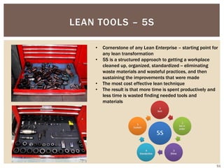 LEAN TOOLS – 5S
• Cornerstone of any Lean Enterprise – starting point for
any lean transformation
• 5S is a structured approach to getting a workplace
cleaned up, organized, standardized -- eliminating
waste materials and wasteful practices, and then
sustaining the improvements that were made
• The most cost effective lean technique
• The result is that more time is spent productively and
less time is wasted finding needed tools and
materials
51
 