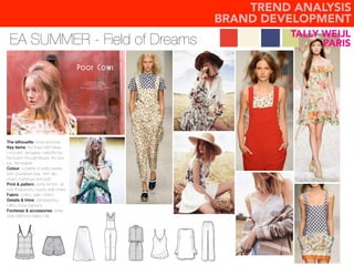 EA SUMMER - Field of Dreams
The silhouette: loose and relax
Key items: the flower shirt dress.
Long skirt, dangaree, nuitsette top.
the button-through blouse, the lace
top, the bralette
Colour: a palette of pretty pastels,
pink, powdered blue, mint, lilac,
cream, buttercup and gold
Print & pattern: pretty feminin, all-
over floralsvinchy country side check
Fabric: cotton, satin, chiffon.
Details & trims: transparentcy,
ruffles, loose peplums
Footwear & accessories: ankle-
strap platforms styled, Hat.
TREND ANALYSIS
BRAND DEVELOPMENT
TALLY WEIJL
PARIS
 