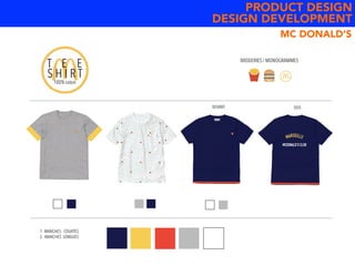 PRODUCT DESIGN
DESIGN DEVELOPMENT
MARSEILLE
MCDONALD’S CLUB
DOSDEVANT
T E E
S H I R T
100% coton
BRODERIES / MONOGRAMMES
1. MANCHES COURTES
2. MANCHES LONGUES
MC DONALD’S
 