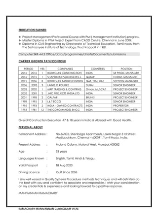 RAMACHARY MANIVANNAN CURRICULAM VITAE
 Project Management Professional Course with PMI ( Management Institution),progress.
 Master Diploma in PPM Project Expert from CADD Centre, Chennai in June 2009.
 Diploma in Civil Engineering by Directorate of Technical Education, Tamil Nadu from
The Seshasayee Institute of Technology, Tiruchirappalli in 1981.
Computer Skill –M.S Office/datas/programmes/charts/Documents/submissions
PERIOD YRS COMPANIES COUNTRIES POSITION
2016 2016 1 BOUYGUES CONSTRUCTION INDIA SR PROD. MANAGER
2016 2015 1 SHAPOORJI PALLONJI W.L.L QATAR CONST. MANAGER
2015 2006 8 BOUYGUES BATIMENT INTERN QAT, TKM, UAE SECTION MANAGER
2006 2003 3 LAING O ROURKE DUBAI SENIOR ENGINEER
2003 2002 1 MRP TRADING & CONTRNG Oman, MUSCAT PROJECT ENGINEER
2002 2001 2 JMC PROJECTS IINDIA LTD INDIA SENIOR ENGINEER
2001 1998 2 GALFAR BRUNEI PROJECT ENGINEER
1998 1995 3 L& T ECCG INDIA SENIOR ENGINEER
1995 1993 2 INDIA - OWNED CONTRACTS INDIA PROPERITOR
1993 1981 12 THE COROMANDEL ENGG INDIA PROJECT ENGINEER
Overall Construction Execution -17 & 18 years in India & Abroad with Good Health.
Permanent Address : No.66/G2, Shenbaga Apartments, Laxmi Nagar 3 rd Street,
Madippakkam, Chennai – 600091, Tamil Nadu, India.
Present Address : Mulund Colony. Mulund West, Mumbai.400082
Age : 53 years
Languages Known : English, Tamil, Hindi & Telugu.
Valid Passport ; Till Aug 2020
Driving Licence ; Gulf Since 2006
I am well versed in Quality Systems Procedure methods techniques and will definitely do
the best with you and confident to associate and responsible. I wish your consideration
on my credentials & experience and looking forward to a positive response.
MANIVANNAN RAMACHARY
 