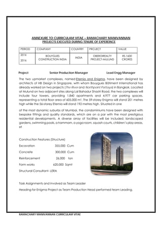 RAMACHARY MANIVANNAN CURRICULAM VITAE
 
ANNEXURE TO CURRICULAM VITAE – RAMACHARY MANIVANNAN
PROJECTS EXECUTED DURING TENURE OF EXPEREINCE
Project Senior Production Manager Lead Engg Manager
The two upmarket complexes, named Eternia and Enigma, have been designed by
architects of HB Design in Singapore, with whom Bouygues Bâtiment International has
already worked on two projects (The River and Northpoint Pattaya) in Bangkok. Located
at Mulund on two adjacent sites along Lal Bahadur Shastri Road, the two complexes will
include four towers, providing 1,840 apartments and 4,977 car parking spaces,
representing a total floor area of 605,000 m2. The 59-storey Enigma will stand 201 metres
high while the 56-storey Eternia will stand 192 metres high. Situated in one
of the most dynamic suburbs of Mumbai, the condominiums have been designed with
bespoke fittings and quality standards, which are on a par with the most prestigious
residential developments. A diverse array of facilities will be included: landscaped
gardens, swimming pools, a hammam, a yoga room, squash courts, children’s play areas,
et
Construction Features (Structure)
Excavation 355,000 Cum
Concrete 300,000 Cum
Reinforcement 26,000 ton
Form works 620,000 Sqmt
Structural Consultant- LERA
Task Assignments and involved as Team Leader
Heading for Enigma Project as Team Production Head performed team Leading.
PERIOD COMPANY COUNTRY PROJECT VALUE
2016
2016
BOUYGUES
CONSTRUCTION INDIA
INDIA
OBEROIREALTY
PROJECT-MULUND
RS.1600
CRORES
 