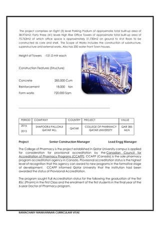 RAMACHARY MANIVANNAN CURRICULAM VITAE
The project comprises an Eight (3) level Parking Podium of approximate total built-up area of
38,976m2; Forty three (41) levels High Rise Office Towers of approximate total built-up area of
75,763m2 of which office space is approximately 51,730m2 on ground to 41st floors to be
constructed as core and shell. The Scope of Works includes the construction of substructure,
superstructure and external works. Also has 200 water Front Town houses.
Height of Towers -151.0 mtr each
Construction Features (Structure)
Concrete 285,000 Cum
Reinforcement 18,000 ton
Form works 720,000 Sqm
---------------------------------------------------------------------------------------------------------
Project Senior Construction Manager Lead Engg Manager
The College of Pharmacy is the project established in Qatar University campus is applied
for consideration for provisional accreditation by the Canadian Council for
Accreditation of Pharmacy Programs (CCAPP). CCAPP (Canada) is the sole pharmacy
program accreditation agency in Canada. Provisional accreditation status is the highest
level of recognition that this agency can award to new programs in the formative stage
of development. CCAPP informed Qatar University that the institution had been
awarded the status of Provisional Accreditation.
The program sought Full Accreditation status for the following the graduation of the first
BSc (Pharm) in the First Class and the enrolment of the first students in the final year of the
6-year Doctor of Pharmacy program.
PERIOD COMPANY COUNTRY PROJECT VALUE
2016
2015
SHAPOORJI PALLONJI
QATAR WLL
QATAR
COLLEGE OF PHARMACY
QATAR UNIVERSITY
QAR 385
MLN
 