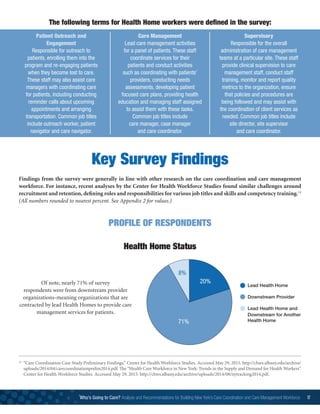 Who’s Going to Care? Analysis and Recommendations for Building New York’s Care Coordination and Care Management Workforce 17
The following terms for Health Home workers were defined in the survey:
Key Survey Findings
14
	“Care Coordination Case Study Preliminary Findings.” Center for Health Workforce Studies. Accessed May 29, 2015. http://chws.albany.edu/archive/
uploads/2014/04/carecoordinationprelim2014.pdf. The “Health Care Workforce in New York: Trends in the Supply and Demand for Health Workers”.
Center for Health Workforce Studies. Accessed May 29, 2015. http://chws.albany.edu/archive/uploads/2014/08/nytracking2014.pdf.
Patient Outreach and
Engagement
Responsible for outreach to
patients, enrolling them into the
program and re-engaging patients
when they become lost to care.
These staff may also assist care
managers with coordinating care
for patients, including conducting
reminder calls about upcoming
appointments and arranging
transportation. Common job titles
include outreach worker, patient
navigator and care navigator.
Care Management
Lead care management activities
for a panel of patients. These staff
coordinate services for their
patients and conduct activities
such as coordinating with patients’
providers, conducting needs
assessments, developing patient
focused care plans, providing health
education and managing staff assigned
to assist them with these tasks.
Common job titles include
care manager, case manager
and care coordinator.
Supervisory
Responsible for the overall
administration of care management
teams at a particular site. These staff
provide clinical supervision to care
management staff, conduct staff
training, monitor and report quality
metrics to the organization, ensure
that policies and procedures are
being followed and may assist with
the coordination of client services as
needed. Common job titles include
site director, site supervisor
and care coordinator.
Findings from the survey were generally in line with other research on the care coordination and care management
workforce. For instance, recent analyses by the Center for Health Workforce Studies found similar challenges around
recruitment and retention, defining roles and responsibilities for various job titles and skills and competency training.14
(All numbers rounded to nearest percent. See Appendix 2 for values.)
Of note, nearly 71% of survey
respondents were from downstream provider
organizations-meaning organizations that are
contracted by lead Health Homes to provide care
management services for patients.
PROFILE OF RESPONDENTS
Health Home Status
 