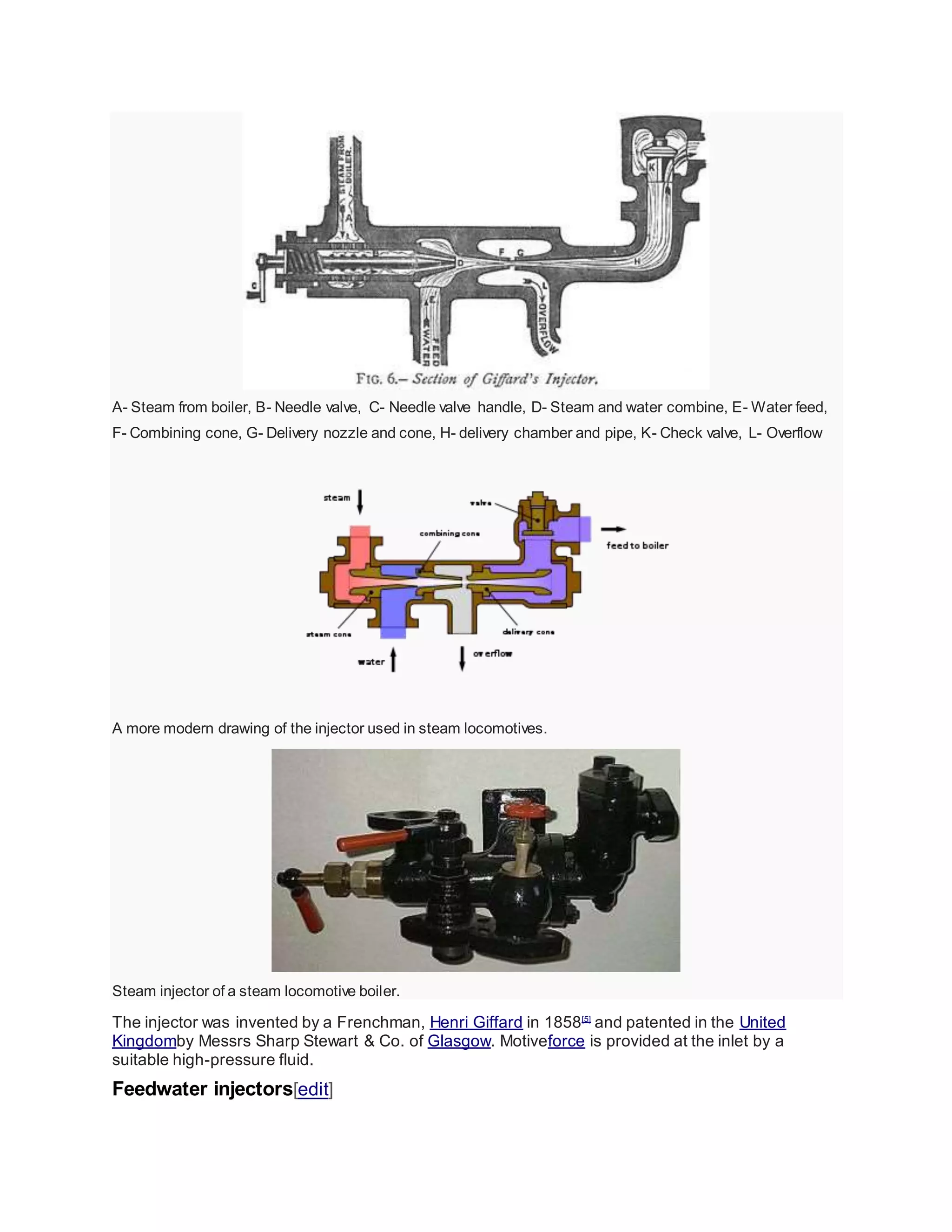 A- Steam from boiler, B- Needle valve, C- Needle valve handle, D- Steam and water combine, E- Water feed,
F- Combining cone, G- Delivery nozzle and cone, H- delivery chamber and pipe, K- Check valve, L- Overflow
A more modern drawing of the injector used in steam locomotives.
Steam injector of a steam locomotive boiler.
The injector was invented by a Frenchman, Henri Giffard in 1858[5]
and patented in the United
Kingdomby Messrs Sharp Stewart & Co. of Glasgow. Motiveforce is provided at the inlet by a
suitable high-pressure fluid.
Feedwater injectors[edit]
 