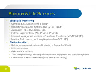 14
Design and engineering
Complete E,I & A engineering & design
Regulatory compliance (GAMP5, cGxP, 21 CFR part 11)
Automation : PLC, HMI, Scada, DCS
Fieldbus implementation (ASI, Profibus, Profinet)
Industrial Management solutions – Operational Excellence (MIS/MES/LIMS)
Machine Performance monitoring & optimization (OEE, KPI)
Plant Automation
Building management software/Monitoring software (BMS/BMI)
Utility automation
GxP critical automation
Tools to report energy efficiency of components, equipment and complete systems
Optimization of HVAC installation (innovative HVAC library)
 