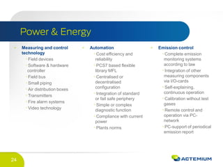 24
Measuring and control
technology
Field devices
Software & hardware
controller
Field bus
Small piping
Air distribution boxes
Transmitters
Fire alarm systems
Video technology
Automation
Cost efficiency and
reliability
PCS7 based flexible
library MFL
Centralised or
decentralised
configuration
Integration of standard
or fail safe periphery
Simple or complex
diagnostic function
Compliance with current
power
Plants norms
Emission control
Complete emission
monitoring systems
according to law
Integration of other
measuring components
via I/O-cards
Self-explaining,
continuous operation
Calibration without test
gases
Remote control and
operation via PC-
network
PC-support of periodical
emission report
 