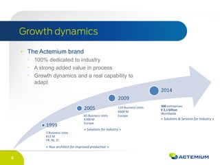 4
The Actemium brand
100% dedicated to industry
A strong added value in process
Growth dynamics and a real capability to
adapt
1999
5 Business Units
€15 M
FR, NL, D
« Your architect for improved production »
2005
65 Business Units
€300 M
Europe
« Solutions for industry »
2009
120 Business Units
€600 M
Europe
2014
300 entreprises
€ 2,1 billion
Worldwide
« Solutions & Services for Industry »
 