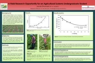 A Field Research Opportunity for an Agricultural Systems Undergraduate Student
Jacob Shumard (3rd yr. student)
Research Director: Dr. Nick Hill, Univ. of Georgia (Crop and Soil Sci.)
Background
Applying nitrogen fertilizer to corn is necessary in
order to produce a good crop, but is expensive
for farmers and degrades water quality. The living
mulch system is a new crop production system in
which corn is planted using no-till methods into a
field of established Durana white clover. The
clover, a legume, produces nitrogen for the corn
to use. This system has the potential to decrease
mineral N use and improve water quality in high-
yield a corn production system.
Objective
We sought to determine the relationship between
corn and Durana white clover by examining how
corn height influences the amount of light
available to the clover (light interception), and
how light interception influences clover mass.
Results Results (cont.)
Methods
Corn was established on a 90-cm row width and a
population density of 89,000 plants/ha.
Clover mass was measured using a calibrated
rising plate meter (RPM) (calibrated using frame
quadrats) (Figure 2).
Quantum light was measured above and below
the corn canopy with a Licor LI-191 Line Sensor
(Figure 3) and % light interception calculated.
Corn height was measured using a 300-cm stick
ruler. All data were measured weekly from April
19 through July 5, 2016.
Acknowledgements
Figure 1: Light interception increased as the corn grew, thus,
shading the clover.
Figure 2 Using the RPM to
measure clover mass
Figure 4 : As percent shading increased, clover biomass decreased.
Light interception increased with corn height which caused clover to senesce its leaves. It is
hypothesized that the nitrogen from the senesced and decaying clover will be taken up by
the corn. In order to test this, corn and clover were sampled and will be analyzed for their
nitrogen content to validate the hypothesis.
Conclusion
Figure 3: Measuring light
interception (shading).
The Southern SARE Young Scholar Enhancement Grant made it possible for me to have this
opportunity to develop scientific skills and a better understanding of Agriculture. Many thanks
go to Zachary Saunders and Joshua Andrews who worked along side me.
Personal Experience
This project has instilled in me an understanding of science and the way we can use it to solve
agricultural problems. I am thrilled to have worked on a project that, when completed, will
benefit growers and the environment by providing an alternative to synthetic nitrogen.
Increased corn height increased light interception and,
therefore, shading to the clover. This was a very
predictable response (ie. High R2) (Figure 1).
Corn shading had an inverse relationship with clover mass
(Figure 4).
Results
 