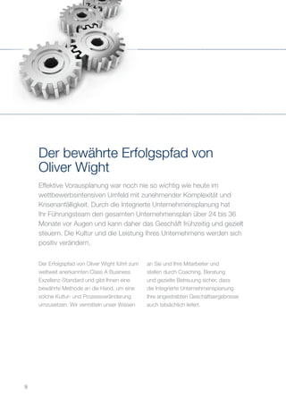 Effektive Vorausplanung war noch nie so wichtig wie heute im
wettbewerbsintensiven Umfeld mit zunehmender Komplexität und
Krisenanfälligkeit. Durch die Integrierte Unternehmensplanung hat
Ihr Führungsteam den gesamten Unternehmensplan über 24 bis 36
Monate vor Augen und kann daher das Geschäft frühzeitig und gezielt
steuern. Die Kultur und die Leistung Ihres Unternehmens werden sich
positiv verändern.
Der bewährte Erfolgspfad von
Oliver Wight
Der Erfolgspfad von Oliver Wight führt zum
weltweit anerkannten Class A Business
Exzellenz-Standard und gibt Ihnen eine
bewährte Methode an die Hand, um eine
solche Kultur- und Prozessveränderung
umzusetzen. Wir vermitteln unser Wissen
an Sie und Ihre Mitarbeiter und
stellen durch Coaching, Beratung
und gezielte Betreuung sicher, dass
die Integrierte Unternehmensplanung
Ihre angestrebten Geschäftsergebnisse
auch tatsächlich liefert.
9
 