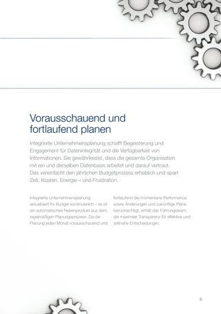 Integrierte Unternehmensplanung schafft Begeisterung und
Engagement für Datenintegrität und die Verfügbarkeit von
Informationen. Sie gewährleistet, dass die gesamte Organisation
mit ein und derselben Datenbasis arbeitet und darauf vertraut.
Das vereinfacht den jährlichen Budgetprozess erheblich und spart
Zeit, Kosten, Energie – und Frustration.
Vorausschauend und
fortlaufend planen
Integrierte Unternehmensplanung
aktualisiert Ihr Budget kontinuierlich – es ist
ein automatisches Nebenprodukt aus dem
regelmäßigen Planungsprozess. Da die
Planung jeden Monat vorausschauend und
fortlaufend die momentane Performance
sowie Änderungen und zukünftige Pläne
berücksichtigt, erhält das Führungsteam
die maximale Transparenz für effektive und
zeitnahe Entscheidungen.
6
 
