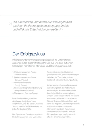 Integrierte Unternehmensplanung betrachtet Ihr Unternehmen
aus einer mittel- bis langfristigen Perspektive und baut auf einem
fünfstufigen monatlichen Planungs- und Bewertungszyklus auf:
Der Erfolgszyklus
Die Alternativen und deren Auswirkungen sind
glasklar. Ihr Führungsteam kann begründete
und effektive Entscheidungen treffen.
1. Produktmanagement-Review
	 (Product Review)
2. Bedarfsmanagement-Review
	 (Demand Review)
3. Review der Lieferkette
	 (Supply Review)
4. Review der Integrierten Abstimmung
	 (Integrated Reconciliation)
5. Management Business Review
In die Review-Meetings sind alle
Abteilungen des Unternehmens
eingebunden, und das cross-funktionale
Team übernimmt die Verantwortung für
jeden Teil des Geschäfts.
Das Resultat aus Produktmanagement-,
Bedarfsmanagement- und Lieferketten-
Review ist ein jeweils aktualisierter,
ganzheitlicher Plan, der die Abweichungen
zwischen der Zielvorgabe und der
tatsächlich erbrachten Leistung aufzeigt.
Im Management Business Review wägt
das Führungsteam die Probleme und
Empfehlungen ab, die im Rahmen der
Integrierten Abstimmung vorgebracht
werden. Diese werden in Form von Modell-
Alternativen präsentiert und machen auf
Risiken, Chancen, Schwachstellen und
somit auf mögliche Geschäftsimplikationen
aufmerksam. Dadurch treten die
Alternativen und deren Auswirkungen
unmissverständlich hervor – und das
Führungsteam kann begründete und
effektive Entscheidungen fällen.
8
 