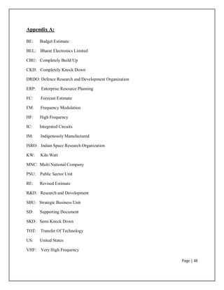 Page | 48
Appendix A:
BE: Budget Estimate
BEL: Bharat Electronics Limited
CBU: Completely Build Up
CKD: Completely Knock Down
DRDO: Defence Research and Development Organization
ERP: Enterprise Resource Planning
FC: Forecast Estimate
FM: Frequency Modulation
HF: High Frequency
IC: Integrated Circuits
IM: Indigenously Manufactured
ISRO: Indian Space Research Organization
KW: Kilo Watt
MNC: Multi National Company
PSU: Public Sector Unit
RE: Revised Estimate
R&D: Research and Development
SBU: Strategic Business Unit
SD: Supporting Document
SKD: Semi Knock Down
TOT: Transfer Of Technology
US: United States
VHF: Very High Frequency
 