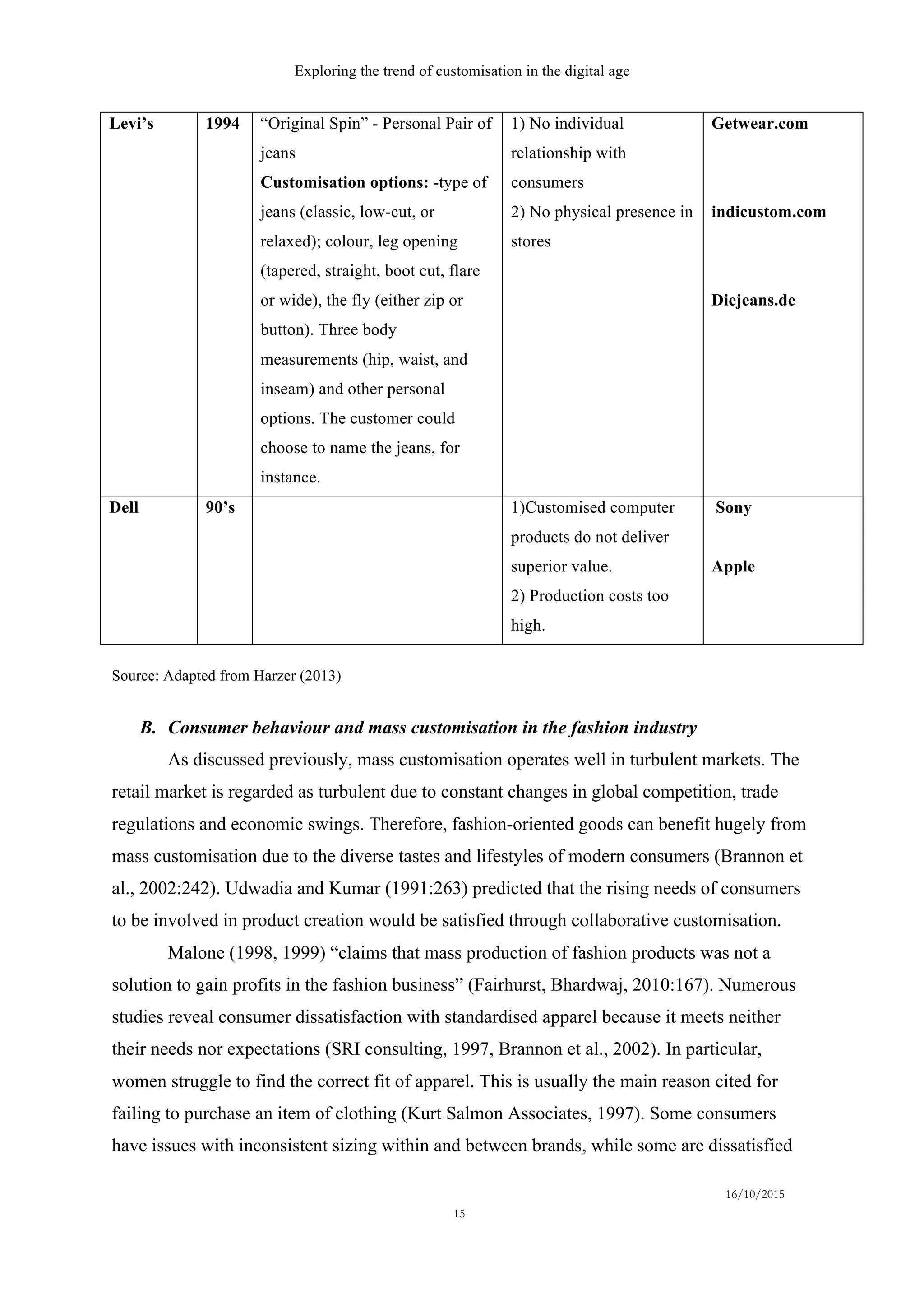 Exploring the trend of customisation in the digital age
16/10/2015
15
Levi’s 1994 “Original Spin” - Personal Pair of
jeans
Customisation options: -type of
jeans (classic, low-cut, or
relaxed); colour, leg opening
(tapered, straight, boot cut, flare
or wide), the fly (either zip or
button). Three body
measurements (hip, waist, and
inseam) and other personal
options. The customer could
choose to name the jeans, for
instance.
1) No individual
relationship with
consumers
2) No physical presence in
stores
Getwear.com
indicustom.com
Diejeans.de
Dell 90’s 1)Customised computer
products do not deliver
superior value.
2) Production costs too
high.
Sony
Apple
Source: Adapted from Harzer (2013)
B.   Consumer behaviour and mass customisation in the fashion industry
As discussed previously, mass customisation operates well in turbulent markets. The
retail market is regarded as turbulent due to constant changes in global competition, trade
regulations and economic swings. Therefore, fashion-oriented goods can benefit hugely from
mass customisation due to the diverse tastes and lifestyles of modern consumers (Brannon et
al., 2002:242). Udwadia and Kumar (1991:263) predicted that the rising needs of consumers
to be involved in product creation would be satisfied through collaborative customisation.
Malone (1998, 1999) “claims that mass production of fashion products was not a
solution to gain profits in the fashion business” (Fairhurst, Bhardwaj, 2010:167). Numerous
studies reveal consumer dissatisfaction with standardised apparel because it meets neither
their needs nor expectations (SRI consulting, 1997, Brannon et al., 2002). In particular,
women struggle to find the correct fit of apparel. This is usually the main reason cited for
failing to purchase an item of clothing (Kurt Salmon Associates, 1997). Some consumers
have issues with inconsistent sizing within and between brands, while some are dissatisfied
 