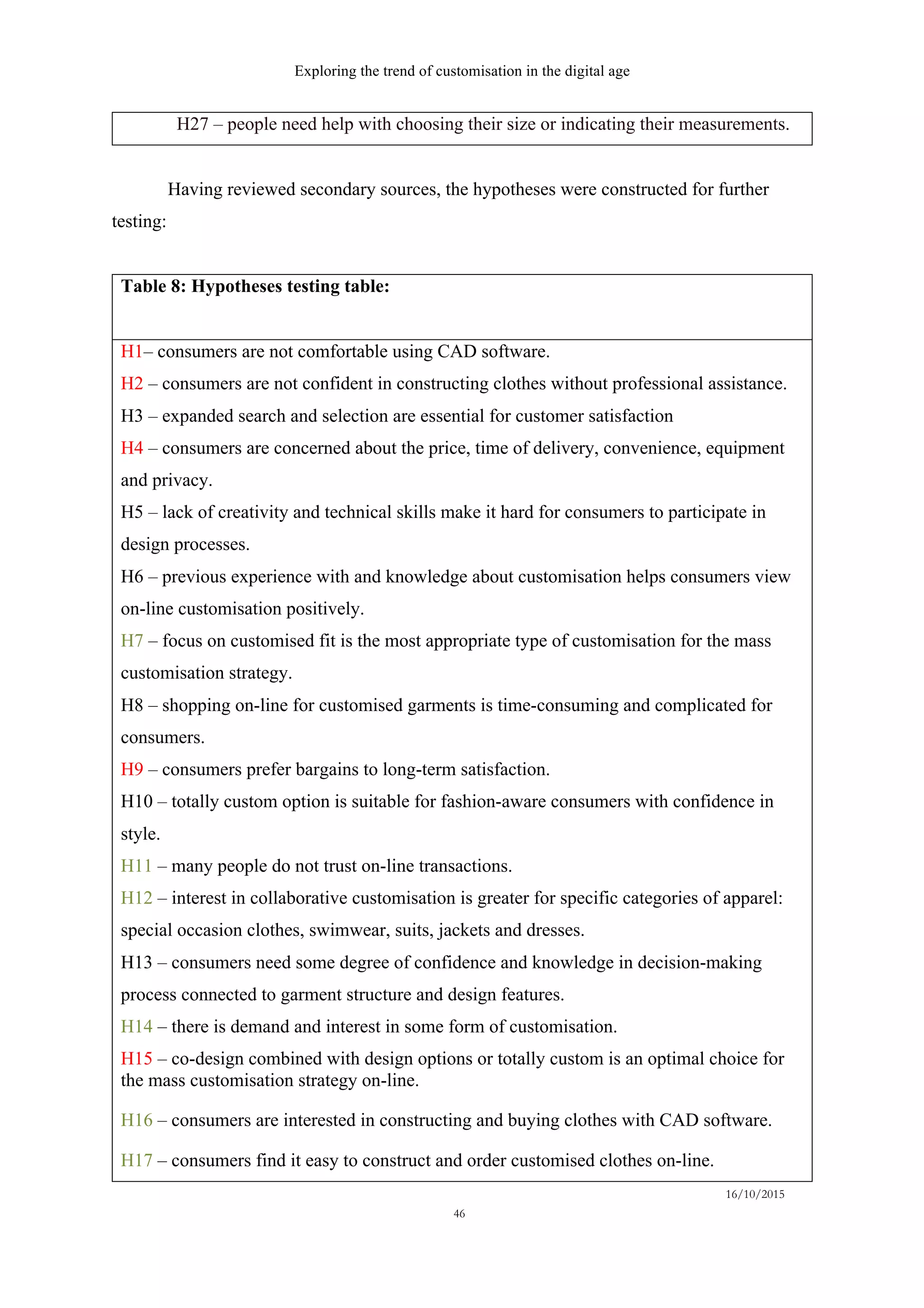 Exploring the trend of customisation in the digital age
16/10/2015
46
H27 – people need help with choosing their size or indicating their measurements.
Having reviewed secondary sources, the hypotheses were constructed for further
testing:
Table 8: Hypotheses testing table:
H1– consumers are not comfortable using CAD software.
H2 – consumers are not confident in constructing clothes without professional assistance.
H3 – expanded search and selection are essential for customer satisfaction
H4 – consumers are concerned about the price, time of delivery, convenience, equipment
and privacy.
H5 – lack of creativity and technical skills make it hard for consumers to participate in
design processes.
H6 – previous experience with and knowledge about customisation helps consumers view
on-line customisation positively.
H7 – focus on customised fit is the most appropriate type of customisation for the mass
customisation strategy.
H8 – shopping on-line for customised garments is time-consuming and complicated for
consumers.
H9 – consumers prefer bargains to long-term satisfaction.
H10 – totally custom option is suitable for fashion-aware consumers with confidence in
style.
H11 – many people do not trust on-line transactions.
H12 – interest in collaborative customisation is greater for specific categories of apparel:
special occasion clothes, swimwear, suits, jackets and dresses.
H13 – consumers need some degree of confidence and knowledge in decision-making
process connected to garment structure and design features.
H14 – there is demand and interest in some form of customisation.
H15 – co-design combined with design options or totally custom is an optimal choice for
the mass customisation strategy on-line.
H16 – consumers are interested in constructing and buying clothes with CAD software.
H17 – consumers find it easy to construct and order customised clothes on-line.
 