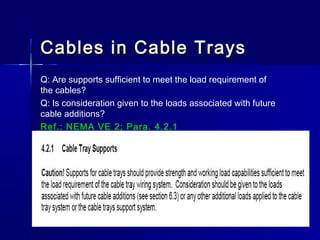 Cables in Cable TraysCables in Cable Trays
Q: Are supports sufficient to meet the load requirement of
the cables?
Q: Is consideration given to the loads associated with future
cable additions?
Ref.: NEMA VE 2; Para. 4.2.1
 