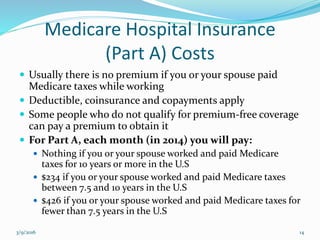 Medicare Hospital Insurance
(Part A) Costs
 Usually there is no premium if you or your spouse paid
Medicare taxes while working
 Deductible, coinsurance and copayments apply
 Some people who do not qualify for premium-free coverage
can pay a premium to obtain it
 For Part A, each month (in 2014) you will pay:
 Nothing if you or your spouse worked and paid Medicare
taxes for 10 years or more in the U.S
 $234 if you or your spouse worked and paid Medicare taxes
between 7.5 and 10 years in the U.S
 $426 if you or your spouse worked and paid Medicare taxes for
fewer than 7.5 years in the U.S
3/9/2016 14
 