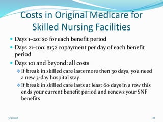 Costs in Original Medicare for
Skilled Nursing Facilities
 Days 1–20: $0 for each benefit period
 Days 21–100: $152 copayment per day of each benefit
period
 Days 101 and beyond: all costs
If break in skilled care lasts more then 30 days, you need
a new 3-day hospital stay
If break in skilled care lasts at least 60 days in a row this
ends your current benefit period and renews your SNF
benefits
3/9/2016 18
 