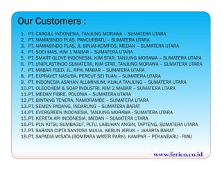 Our Customers :
1. PT. CARGILL INDONESIA, TANJUNG MORAWA – SUMATERA UTARA
2. PT. NAMASINDO PLAS, PANCURBATU – SUMATERA UTARA
3. PT. NAMASINDO PLAS, JL BINJAI-KOMPOS, MEDAN – SUMATERA UTARA
4. PT. SOCI MAS, KIM 1 MABAR – SUMATERA UTARA
5. PT. SMART GLOVE INDONESIA, KIM STAR, TANJUNG MORAWA – SUMATERA UTARA
6. PT. UNIPLASTINDO SUMATERA, KIM STAR, TANJUNG MORAWA – SUMATERA UTARA
7. PT. MABAR FEED, JL. RPH, MABAR – SUMATERA UTARA
8. PT. EXPRAVET NASUBA, PERCUT SEI TUAN – SUMATERA UTARA
9. PT. INDONESIA ASAHAN ALUMINIUM, KUALA TANJUNG – SUMATERA UTARA
10.PT. OLEOCHEM & SOAP INDUSTRI, KIM 2 MABAR – SUMATERA UTARA
11.PT. MEDAN FIBRE, POLONIA – SUMATERA UTARA
12.PT. BINTANG TENERA, NAMORAMBE – SUMATERA UTARA
13.PT, SEMEN PADANG, INDARUNG – SUMATERA BARAT
14.PT. EVERGREEN INDONESIA, TANJUNG MORAWA - SUMATERA UTARA
15.PT. KERETA API INDONESIA, MEDAN – SUMATERA UTARA
16.PT. PLN KITSU SUMBAGUT, PLTU. LABUHAN ANGIN, TAPTENG, SUMATERA UTARA
17.PT. SARANA CIPTA SANTOSA MULIA, KEBUN JERUK – JAKARTA BARAT
18.PT. SAPADIA WISATA (BOMBARA WATER PARK), KAMPAR – PEKANBARU - RIAU
www.ferico.co.id
 