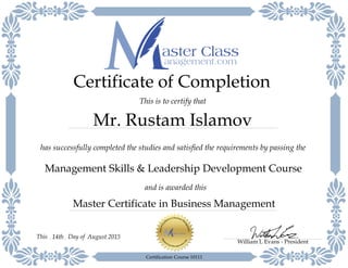 MasterClassManagement Certificate - Mr. Rustam Islamov | PDF