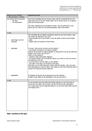 Departement Lerarenopleiding
                                                                                   Bachelor in het kleuteronderwijs
                                                                                  Laarbeeklaan 121 – 1090 Brussel


Verloop van de activiteit       Begeleidingsvragen
1. Sfeerschepping / inleiding
Het verhaal over de bouwers.    Het is een verhaaltje dat over bouwen gaat. Het zijn 3 werknemers die niet
     -   De baas                goed weten hoe ze te werk moeten gaan met de nieuwe kraan. En er gebeurt
     -   De werknemers          heel wat met deze kraan.

                                We zullen verkleed zijn in bouvakkers mensen, met een gele helm en een
                                blauw pak. We zullen ook ons gereedschappen valies mee hebben.


2. Kern
                                Het verhaaltje dat we hebben voorgelezen ging over een huis bouwen, maar
                                wat vinden we allemaal in een huis?
                                - Waarschijnlijk zak ik mijn stoelen in een zak zetten en dat ze eerst mogen
  -       aanbrengen van het    voelen.
          materiaal             - Nadien zullen de kinderen het zelf raden.



  -       spelregels            Ik vraag : Wat kunnen we doen met die stoelen?
                                - Dan mogen de kinderen hun ideeen vertellen.
                                Wat als we de stoelen op elkaar plaatsen zo hoog als het huis die we gebouwd
                                hebben of de muren van het huis ?
                                Zullen we dat proberen?
                                - Kinderen zullen enthousiast reageren.
                                - De stoelen hebben ook verschillende kleuren en vormen en zal ik de vormen
                                ook bespreken met hen.
                                - Ik zal ze samen met hen tellen en ook uitdelen.
                                - We zullen in de wijzer van de klok te werk gaan.
                                Jullie gaan nu een hele hoge toren maken met deze stoelen, maar wat zeker
                                niet mag gebeuren is dat ze vallen, want anders is onze toren helemaal stuk en
                                moeten we helemaal opnieuw beginnen.



  -       begeleiding           Ik begeleid de kleuters bij de bespreking van het materiaal
                                Ik geef ze ook uitleg van de spelregels en wie aan de beurt is.

3. Slot
                                Ik vind dat jullie heel hard jullie best hebben gedaan om een hele hoge en
                                mooie toren te maken, die zo hoog is als het huis dat ik heb meegbracht.
                                En nu gaan jullie naar de volgende opdracht, en wie weet maken jullie nog een
                                veel hogere toren.




Opm: variaties in het spel



Opvoedend spel                                                          Kladversie / Eindversie (datum)

                                                                                                               3
 