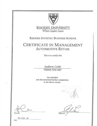 Certificate Rhodes Univercity