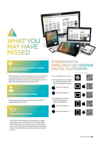 VOLUME 04 | 2015 | 25
WHAT YOU
MAY HAVE
MISSED
1.	Onourwebsiteasane-book
2.	Themagazineisalsoavailable	
	 asatabletapplicationonthe	
	 AppleandAndroidAppstores
		 search"standpoint"
		 search"standpoint"
3.	Themagazineisnowalso	
	 availableonAppleand	
	 Androidsmartphones
		 search"standpoint"
		 search"standpoint"
STANLIB’sServiceCharges(annualandplatformcharges
dependingontheinvestment)remainunchanged.Please
refertotheproductorfundspecificformformoredetails
ontheupfrontintermediarychargeandtotalservicecharge
(thisincludesSTANLIB’sportionandyourfinancialadviser’s
portion).
STANLIBchargesnoupfrontchargeonnewinvestments(lump
sumordebitorder)forUnitTrustsandLinkedInvestments
regardlessoftheinvestmentamount.Thisappliestoonce-off
debits,directdepositsandrecurringdebitorders.
Theabovedoesnotaffectyourfinancialadviser’supfront
chargeasagreedwithhim/her.
STANDPOINT IS
AVAILABLE VIA VARIOUS
DIGITAL PLATFORMS:
OR SCAN BELOW •
 