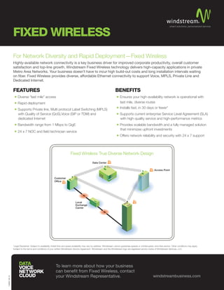 FIXED WIRELESS
For Network Diversity and Rapid Deployment—Fixed Wireless
Highly-available network connectivity is a key business driver for improved corporate productivity, overall customer
satisfaction and top-line growth. Windstream Fixed Wireless technology delivers high-capacity applications in private
Metro Area Networks. Your business doesn’t have to incur high build-out costs and long installation intervals waiting
on fiber. Fixed Wireless provides diverse, affordable Ethernet connectivity to support Voice, MPLS, Private Line and
Dedicated Internet.
15999|08.15
windstreambusiness.com
To learn more about how your business
can benefit from Fixed Wireless, contact
your Windstream Representative.
FEATURES
ƒ   ƒ Diverse “last mile” access
ƒ   ƒ Rapid deployment
ƒ   ƒ Supports Private line, Multi protocol Label Switching (MPLS)
with Quality of Service (QoS),Voice (SIP or TDM) and
dedicated Internet
ƒ   ƒ Bandwidth range from 1 Mbps to GigE
ƒ   ƒ 24 x 7 NOC and field technician service
BENEFITSƒ   
ƒ Ensures your high-availability network is operational with
last mile, diverse routes
ƒ   ƒ Installs fast, in 30 days or fewer*
ƒ   ƒ Supports current enterprise Service Level Agreement (SLA)
with high-quality service and high-performance metrics
ƒ   ƒ Provides scalable bandwidth and a fully managed solution
that minimizes upfront investments
ƒ   ƒ Offers network reliability and security with 24 x 7 support
Fixed Wireless True Diverse Network Design
*Legal Disclaimer: Subject to availability. Install time and speed availability may vary by address. Windstream cannot guarantee speeds or uninterrupted, error-free service. Other conditions may apply.
Subject to the terms and conditions of your written Windstream Service Agreement. Windstream and the Windstream logo are registered service marks of Windstream Services, LLC.
Access Point
Local
Exchange
Carrier
Customer
Office
Data Center
 