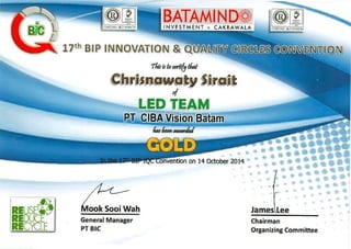 Certificate of Gold Award IQCC Batamindo