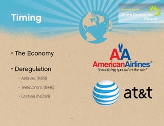 Timing


• The Economy

• Deregulation
	 - Airlines (1978)
	   - Telecomm (1996)
	   - Utilities (NOW!)
 