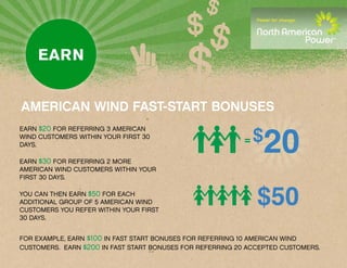 AMERICAN WIND FAST-START BONUSES

                                                               $
                                                                   20
EARN $20 FOR REFERRING 3 AMERICAN
WIND CUSTOMERS WITHIN YOUR FIRST 30
DAYS.
                                                           =

EARN $30 FOR REFERRING 2 MORE
AMERICAN WIND CUSTOMERS WITHIN YOUR
FIRST 30 DAYS.

YOU CAN THEN EARN $50 FOR EACH
ADDITIONAL GROUP OF 5 AMERICAN WIND
CUSTOMERS YOU REFER WITHIN YOUR FIRST
30 DAYS.


FOR EXAMPLE, EARN $100 IN FAST START BONUSES FOR REFERRING 10 AMERICAN WIND
CUSTOMERS. EARN $200 IN FAST START BONUSES FOR REFERRING 20 ACCEPTED CUSTOMERS.
 