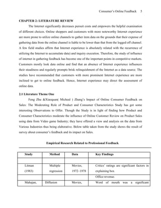 Consumer’s Online Feedback 5
CHAPTER 2: LITERATURE REVIEW
The Internet significantly decreases pursuit costs and empowers the helpful examination
of different choices. Online shoppers and customers with more noteworthy Internet experience
are more prone to utilize online channels to gather item data on the grounds that their expense of
gathering data from the online channel is liable to be lower than that from the logged off channel.
A few field studies affirm that Internet experience is absolutely related with the recurrence of
utilizing the Internet to accumulate data) and inquiry execution. Therefore, the study of influence
of internet in gathering feedback has become one of the important points in competitive markets.
Customers mostly look data online and find that an absence of Internet experience influences
their steadiness and regularly prompts brisk relinquishment of the Internet as a data source. The
studies have recommended that customers with more prominent Internet experience are more
inclined to get to online feedback. Hence, Internet experience may direct the assessment of
online data.
2.1 Literature Theme One
Feng Zhu &Xiaoquan( Micheal ) Zhang’s Impact of Online Consumer Feedback on
Sales: The Moderating Role of Product and Consumer Characteristics Study has got some
interesting Observations to Offer. Though the Study is in light of finding how Product and
Consumer Characteristics moderate the influence of Online Customer Review on Product Sales
using data from Video game Industry; they have offered a view and analysis on the data from
Various Industries thus being elaborative. Below table taken from the study shows the result of
survey about consumer’s feedback and its impact on Sales.
Empirical Research Related to Professional Feedback
Study Method Data Key Findings
Litman
(1983)
Multiple
regression
Movies,
1972–1978
Critics’ ratings are significant factors in
explaining box
Office revenue.
Mahajan, Diffusion Movies, Word of mouth was a significant
 