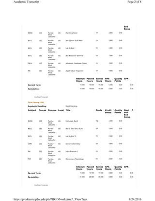 IPFW Unofficial Transcript | PDF