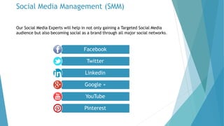 Social Media Management (SMM)
Our Social Media Experts will help in not only gaining a Targeted Social Media
audience but also becoming social as a brand through all major social networks.
Facebook
Twitter
Linkedin
Google +
YouTube
Pinterest
 