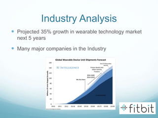 Industry Analysis
 Projected 35% growth in wearable technology market
next 5 years
 Many major companies in the Industry
 