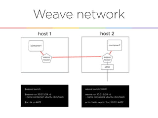Weave network
e
weave
router
e
weave
router
eth0
host 1 host 2
container1 container2
$weave launch
$weave run 10.0.1.1/24 -d
—name container1 ubuntu /bin/bash
$nc -lk -p 4422
weave launch 10.0.1.1
weave run 10.0.1.2/24 -d
—name container2 ubuntu /bin/bash
echo 'Hello, world.' | nc 10.0.1.1 4422
 