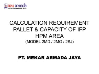 CALCULATION REQUIREMENT
PALLET & CAPACITY OF IFP
HPM AREA
(MODEL 2MD / 2MG / 2SJ)
PT. MEKAR ARMADA JAYA
 