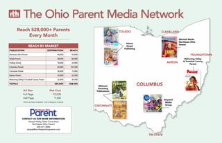 Reach 528,000+ Parents
Every Month
Ad Size	 Net Cost
Full Page	 $
13,000
Half Page	 $
7,500
Other Ad Sizes Available. Call to Request a Quote.
Adams
Street
Publishing
Midwest
Parenting
Publications
Dispatch
Media
Group
Mahoning Valley
& Trumbull County
Parent
Mitchell Media
Northeast Ohio
Parent
THE OHIO PARENT MEDIA
NETWORK
Adams Street
Publishing
Midwest
Parenting
Publications
Mitchell Media
Northeast Ohio
Parent
Mahoning
Valley &
Trumbull
County Pare
Dispatch Media
Group
THE OHIO PARENT MEDIA
NETWORK
Adams Street
Publishing
Midwest
Parenting
Publications
Mitchell Media
Northeast Ohio
Parent
Mahoning
Valley &
Trumbull
County Parent
Dispatch Media
Group
THE OHIO PARENT MEDIA
NETWORK
Adams Street
Publishing
Midwest
Parenting
Publications
Mitchell Media
Northeast Ohio
Parent
Mahoning
Valley &
Trumbull
County Pare
Dispatch Media
Group
THE OHIO PARENT MEDIA
NETWORK
Adams Street
Publishing
Midwest
Parenting
Publications
Mitchell Media
Northeast Ohio
Parent
Mahoning
Valley &
Trumbull
County Parent
Dispatch Media
Group
THE OHIO PARENT MEDIA
NETWORK
Adams Street
Publishing
Midwest
Parenting
Publications
Mitchell Media
Northeast Ohio
Parent
Mahonin
Valley &
Trumbul
County Par
Dispatch Media
Group
THE OHIO PARENT MEDIA
NETWORK
Adams Street
Publishing
Midwest
Parenting
Publications
Mitchell Media
Northeast Ohio
Parent
Mahoning
Valley &
Trumbull
County Parent
Dispatch Media
Group
columbus
toledo cleveland
youngstown
Akron
Tri-state
The Ohio Parent Media Network
Cincinnati
Publication Distribution Reach
Northeast Ohio Parent 40,000 92,000
Toledo Parent 38,000 86,000
Findlay Family 10,000 24,000
Columbus Parent 44,000 101,200
Cincinnati Parent 30,000 75,000
Dayton Parent 25,000 62,500
Mahoning Valley & Trumbull County Parent 32,000 87,400
Totals 225,000 528,100
Reach by Market
163
APRIL 2015
SPOTLIG
HT
ON
HILLIA
RD
Our annual focus on
families with special needs:
Our annual focus on
families with special needs:
Central Ohio schools that serve
Stay in Touch: How social media
is changing families’ support systems
Central Ohio schools that serve
Stay in Touch: How social media
is changing families’ support systems
Lewis Center
Grove City
740-548-5663
614-277-9585BOOST SELF CONFIDENCE AND ACADEMIC SKILLS
3643 Ridge Mill Dr., Hilliard
614-771-0200 • www.pedphys.com
Walk-in Sick Clinic
for Established Patients
Mon-Fri from 7:30-9:30 am
HOURS: Mon-Fri 7:30am - 5pm Sat 9:30am-12pm
Open 365 Days
Per Year
Contact Us for more information
Janyse Heidy, Sales Consultant
Northeast Ohio Parent
330-671-3886
Janyse@northeastohioparent.com
 