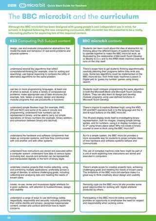 The BBC micro:bit and the curriculum
Although the BBC micro:bit has been designed with young people’s own independent use in mind, for
schools in England following the new computing curriculum, BBC micro:bit has the potential to be a really
interesting platform for exploring lots of the required content.
design, use and evaluate computational abstractions that
model the state and behaviour of real-world problems and
physical systems
understand several key algorithms that reflect
computational thinking [for example, ones for sorting and
searching]; use logical reasoning to compare the utility of
alternative algorithms for the same problem
use two or more programming languages, at least one
of which is textual, to solve a variety of computational
problems; make appropriate use of data structures [for
example, lists, tables or arrays]; design and develop
modular programs that use procedures or functions
understand simple Boolean logic [for example, AND,
OR and NOT] and some of its uses in circuits and
programming; understand how numbers can be
represented in binary, and be able to carry out simple
operations on binary numbers [for example, binary addition,
and conversion between binary and decimal]
understand the hardware and software components that
make up computer systems, and how they communicate
with one another and with other systems
understand how instructions are stored and executed within
a computer system; understand how data of various types
(including text, sounds and pictures) can be represented
and manipulated digitally, in the form of binary digits
undertake creative projects that involve selecting, using,
and combining multiple applications, preferably across a
range of devices, to achieve challenging goals, including
collecting and analysing data and meeting the needs of
known users
create, re-use, revise and re-purpose digital artefacts for
a given audience, with attention to trustworthiness, design
and usability
understand a range of ways to use technology safely,
respectfully, responsibly and securely, including protecting
their online identity and privacy; recognise inappropriate
content, contact and conduct and know how to report
concerns
Students can learn much about the idea of abstraction by
thinking about the different layers of systems that have
to operate together to make the BBC micro:bit work, as
illustrated by the relationship of Microsoft Touch Develop
or Blockly to C++ and to the ARM mbed machine code that
runs on the chip itself.
There’s scope here to get students thinking algorithmically,
carefully planning their programs before they write any
code. Some key algorithms could be implemented on the
BBC micro:bit too, from finite state machines (Lesson 3:
Digital pet) to ‘guess my number’ games using binary
search.
Students could compare programming the same algorithm
in both the Microsoft Block and Microsoft Touch Develop
Editors. They can also learn to design and develop
modular programs using user-defined functions in
Microsoft Touch Develop.
There’s chance to explore Boolean logic using the AND,
OR and NOT operators built in to the language and the A
and B input buttons on the BBC micro:bit.
The 25-pixel display lends itself to investigating binary
representation, both for images, creating simple bitmap
sprites, and for numbers, using it to display numbers up
to 225
using binary place value! Why not create a binary
counter or even a clock using the BBC micro:bit?
As it’s a simple system, the BBC micro:bit provides a
more accessible way for students to grasp complex ideas
of how hardware and software systems behave and
communicate.
The use of compiled machine code here might be part of
a unit of work exploring how instructions are stored and
executed in computers.
There’s ample scope for creative projects here, achieving
challenging goals and meeting the needs of known users.
The limitations of the BBC micro:bit interface make it a
great way to think creatively about design and usability.
Remixing code via the BBC micro:bit site provides some
great opportunities for working with ‘digital artefacts’
produced by others.
Participating in the BBC micro:bit online community
provides an opportunity to emphasise the need for respect
and responsibility when working online.
KS3 Computing PoS Subject content BBC micro:bit contexts
32
Quick Start Guide for Teachers
 