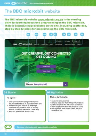 06
The BBC micro:bit website
The BBC micro:bit website www.microbit.co.uk is the starting
point for learning about and programming on the BBC micro:bit.
There is extensive help available on the site, including scaffolded,
step-by-step tutorials for programming the BBC micro:bit.
020304 05 0106 07 08 09
For more information visit www.microbit.co.uk/help.
To sign in:
•	 enter your facilitator code provided (email 		
	 BBCmicrobit@bbc.co.uk if you don’t have one)
•	 authenticate your account by entering a
	 username and password from an existing
	 account (Facebook, Microsoft, Office 365)
•	 read and agree to the terms of use.
Click on My Scripts to:
•	 save and retrieve scripts
•	 compile code and ‘flash’ it to a BBC micro:bit
•	 publish scripts to the BBC micro:bit website
•	 share scripts with other BBC micro:bit users
•	 set up groups, with access codes, for your 		
	 students to join.
01 Sign in 02 My Scripts
Quick Start Guide for Teachers
 