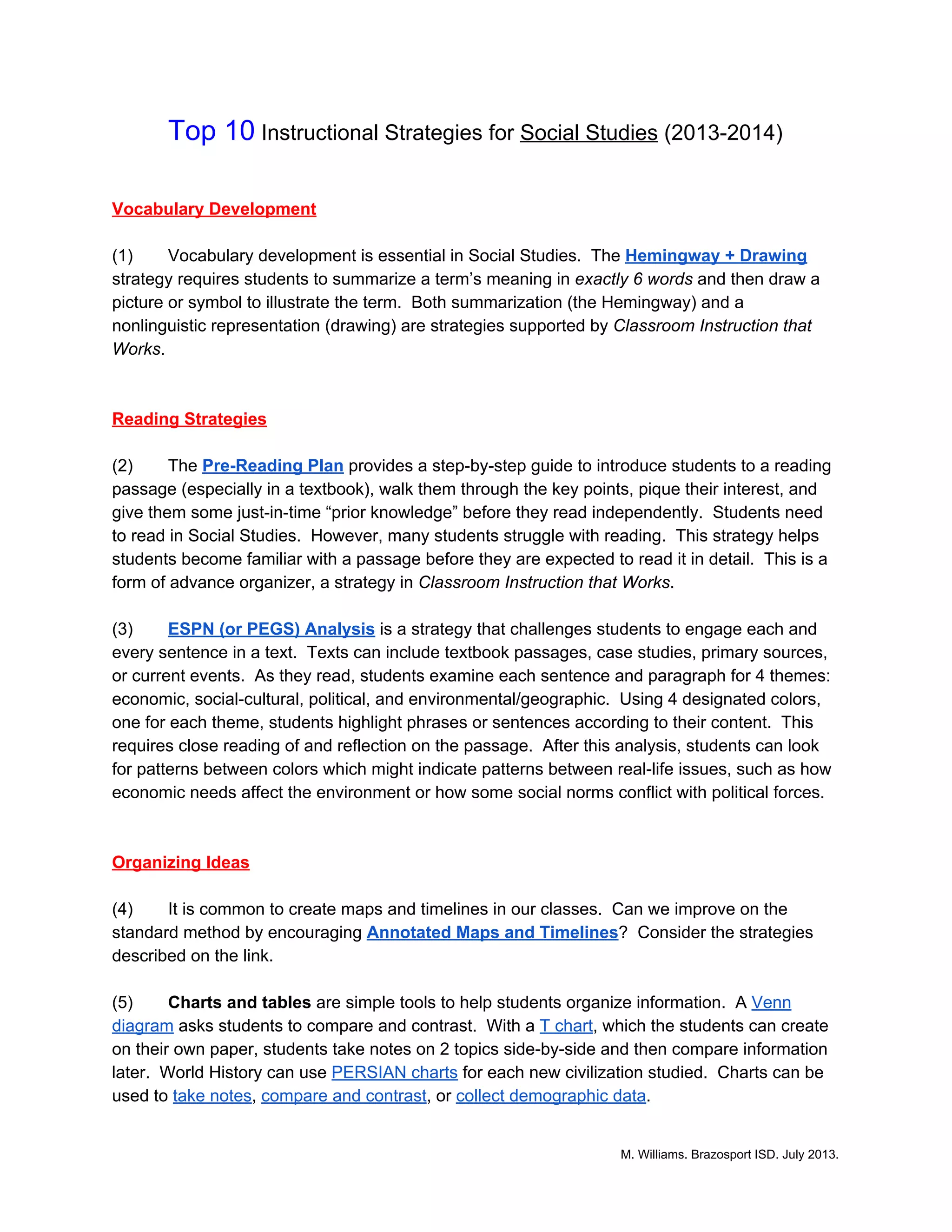 Williams Top 10 Social Studies Instructional Strategies PDF