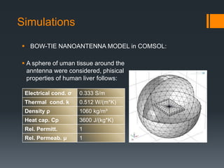 Simulations
 A sphere of uman tissue around the
anntenna were considered, phisical
properties of human liver follows:
Electrical cond. σ 0.333 S/m
Thermal cond. k 0.512 W/(m*K)
Density ρ 1060 kg/m³
Heat cap. Cp 3600 J/(kg*K)
Rel. Permitt. 1
Rel. Permeab. μ 1
 BOW-TIE NANOANTENNA MODEL in COMSOL:
 