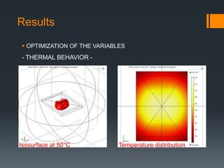 Results
 OPTIMIZATION OF THE VARIABLES
Isosurface at 50°C Temperature distribution
- THERMAL BEHAVIOR -
 