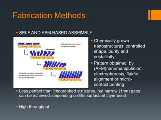 Fabrication Methods
 Chemically grown
nanostructures: controlled
shape, purity and
cristallinity
 Pattern obtained by
(AFM)nanomanipulation,
electrophoresis, fluidic
alignment or micro-
contact printing
 SELF AND AFM BASED ASSEMBLY
 Less perfect than lithographed strucures, but narrow (1nm) gaps
can be achieved, depending on the surfactant layer used
 High throughput
 