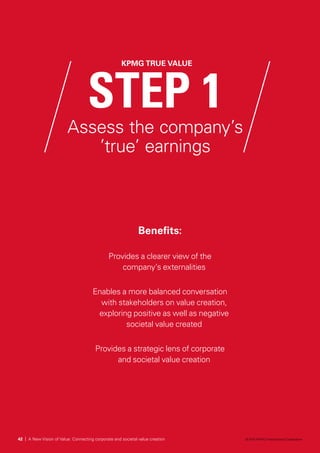STEP 1
Assess the company’s
’true’ earnings
Benefits:
Provides a clearer view of the
company’s externalities
Enables a more balanced conversation
with stakeholders on value creation,
exploring positive as well as negative
societal value created
Provides a strategic lens of corporate
and societal value creation
KPMG TRUE VALUE
42 | A New Vision of Value: Connecting corporate and societal value creation © 2014 KPMG International Cooperative
 
