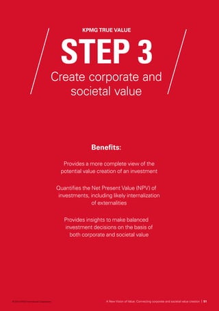 STEP 3
Create corporate and
societal value
Benefits:
Provides a more complete view of the
potential value creation of an investment
Quantifies the Net Present Value (NPV) of
investments, including likely internalization
of externalities
Provides insights to make balanced
investment decisions on the basis of
both corporate and societal value
KPMG TRUE VALUE
KPMG’s True Value methodology CHAPTER 03
A New Vision of Value: Connecting corporate and societal value creation | 51© 2014 KPMG International Cooperative
 