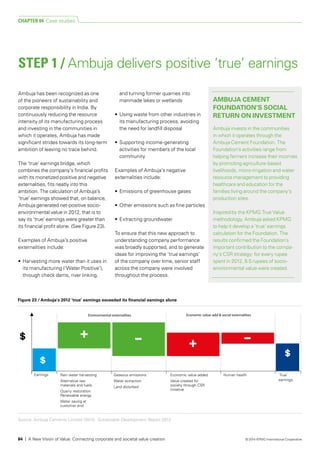 Ambuja has been recognized as one
of the pioneers of sustainability and
corporate responsibility in India. By
continuously reducing the resource
intensity of its manufacturing process
and investing in the communities in
which it operates, Ambuja has made
significant strides towards its long-term
ambition of leaving no trace behind.
The ‘true’ earnings bridge, which
combines the company’s financial profits
with its monetized positive and negative
externalities, fits neatly into this
ambition. The calculation of Ambuja’s
‘true’ earnings showed that, on balance,
Ambuja generated net-positive socio-
environmental value in 2012, that is to
say its ‘true’ earnings were greater than
its financial profit alone. (See Figure 23).
Examples of Ambuja’s positive
externalities include:
•	 Harvesting more water than it uses in
its manufacturing (‘Water Positive’),
through check dams, river linking,
and turning former quarries into
manmade lakes or wetlands
•	 Using waste from other industries in
its manufacturing process, avoiding
the need for landfill disposal
•	 Supporting income-generating
activities for members of the local
community
Examples of Ambuja’s negative
externalities include:
•	 Emissions of greenhouse gases
•	 Other emissions such as fine particles
•	 Extracting groundwater
To ensure that this new approach to
understanding company performance
was broadly supported, and to generate
ideas for improving the ‘true earnings’
of the company over time, senior staff
across the company were involved
throughout the process.
AMBUJA CEMENT
FOUNDATION’S SOCIAL
RETURN ON INVESTMENT
Ambuja invests in the communities
in which it operates through the
Ambuja Cement Foundation. The
Foundation’s activities range from
helping farmers increase their incomes
by promoting agriculture-based
livelihoods, micro-irrigation and water
resource management to providing
healthcare and education for the
families living around the company’s
production sites.
Inspired by the KPMG True Value
methodology, Ambuja asked KPMG
to help it develop a ‘true’ earnings
calculation for the Foundation. The
results confirmed the Foundation’s
important contribution to the compa­
ny’s CSR strategy: for every rupee
spent in 2012, 8.5 rupees of socio-
environmental value were created.
Source: Ambuja Cements Limited (2014). Sustainable Development Report 2013.
Figure 23 / Ambuja's 2012 ‘true’ earnings exceeded its ﬁnancial earnings alone
Earnings Rain water harvesting
Alternative raw
materials and fuels
Quarry restoration
Renewable energy
Water saving at
customer end
Gaseous emissions
Water extraction
Land disturbed
Economic value added
Value created for
society through CSR
initiative
Human health 'True'
earnings
Environmental externalities Economic value-add & social externalities
STEP 1 / Ambuja delivers positive ‘true’ earnings
CHAPTER 04 Case studies
84 | A New Vision of Value: Connecting corporate and societal value creation © 2014 KPMG International Cooperative
 
