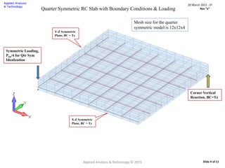 Applied Analysis & Technology © 2015
20 March 2015 : D2
Rev “x”
Slide 4 of 11
Quarter Symmetric RC Slab with Boundary Conditions & Loading
X-Z Symmetric
Plane, BC = Ty
Symmetric Loading,
Ptot/4 for Qtr Sym
Idealization
Corner Vertical
Reaction, BC=Tz
Y-Z Symmetric
Plane, BC = Tx
Mesh size for the quarter
symmetric model is 12x12x4
 